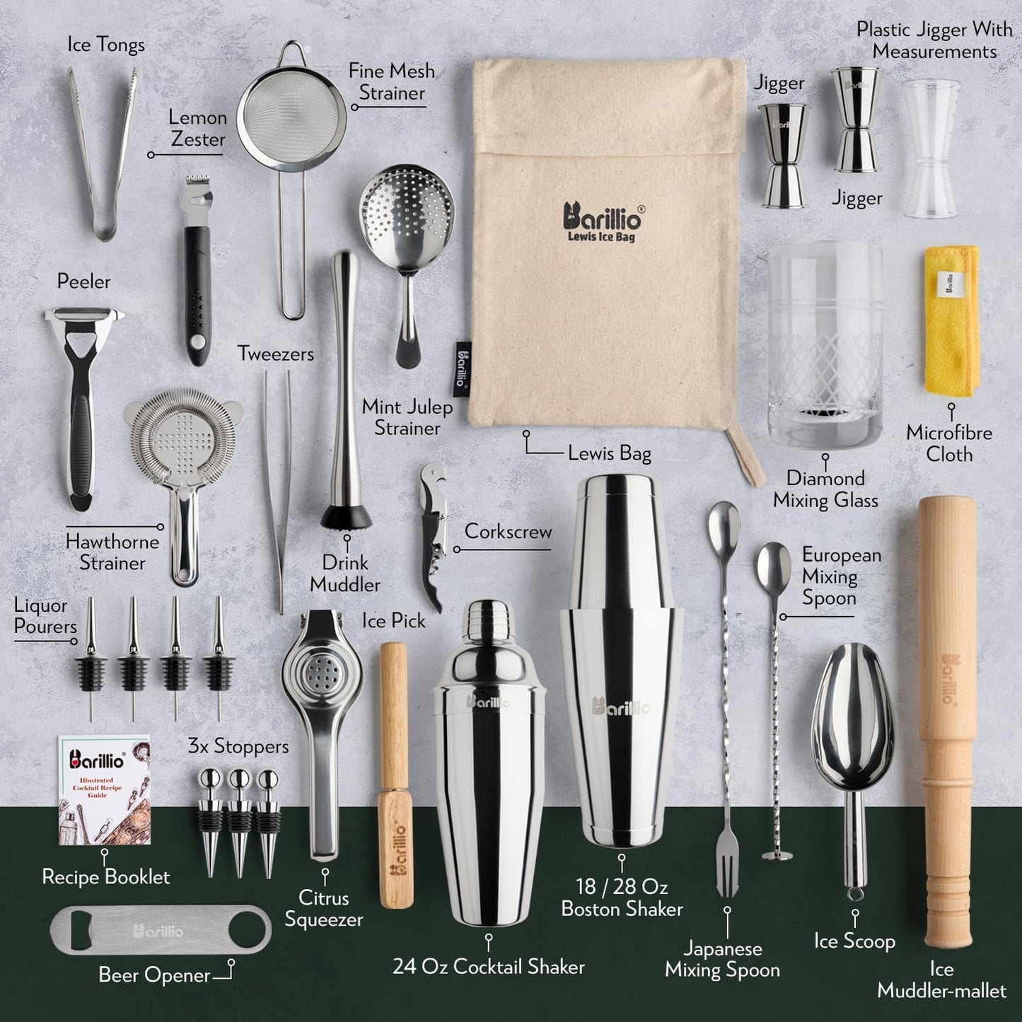 Bar Tool Set Pro Edition - Stainless-Steel Cocktail Shaker Set - 32-Pc Bar kit