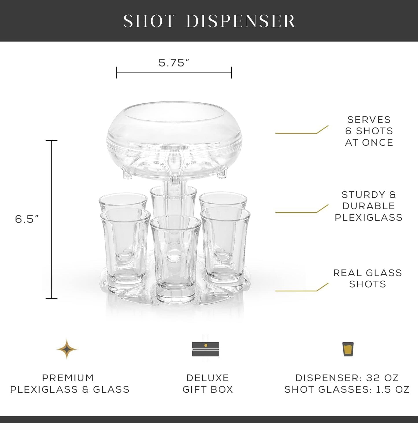 6 Shot Glass Dispenser and Glass Set. 32oz Liquor Dispenser for Home Bar Accessories