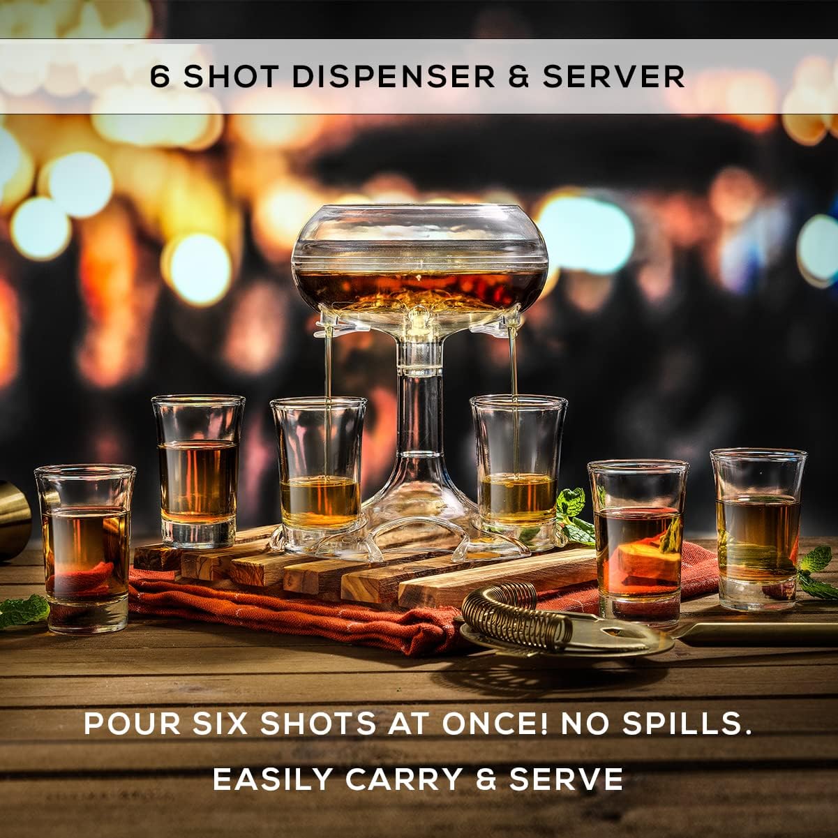6 Shot Glass Dispenser and Glass Set. 32oz Liquor Dispenser for Home Bar Accessories