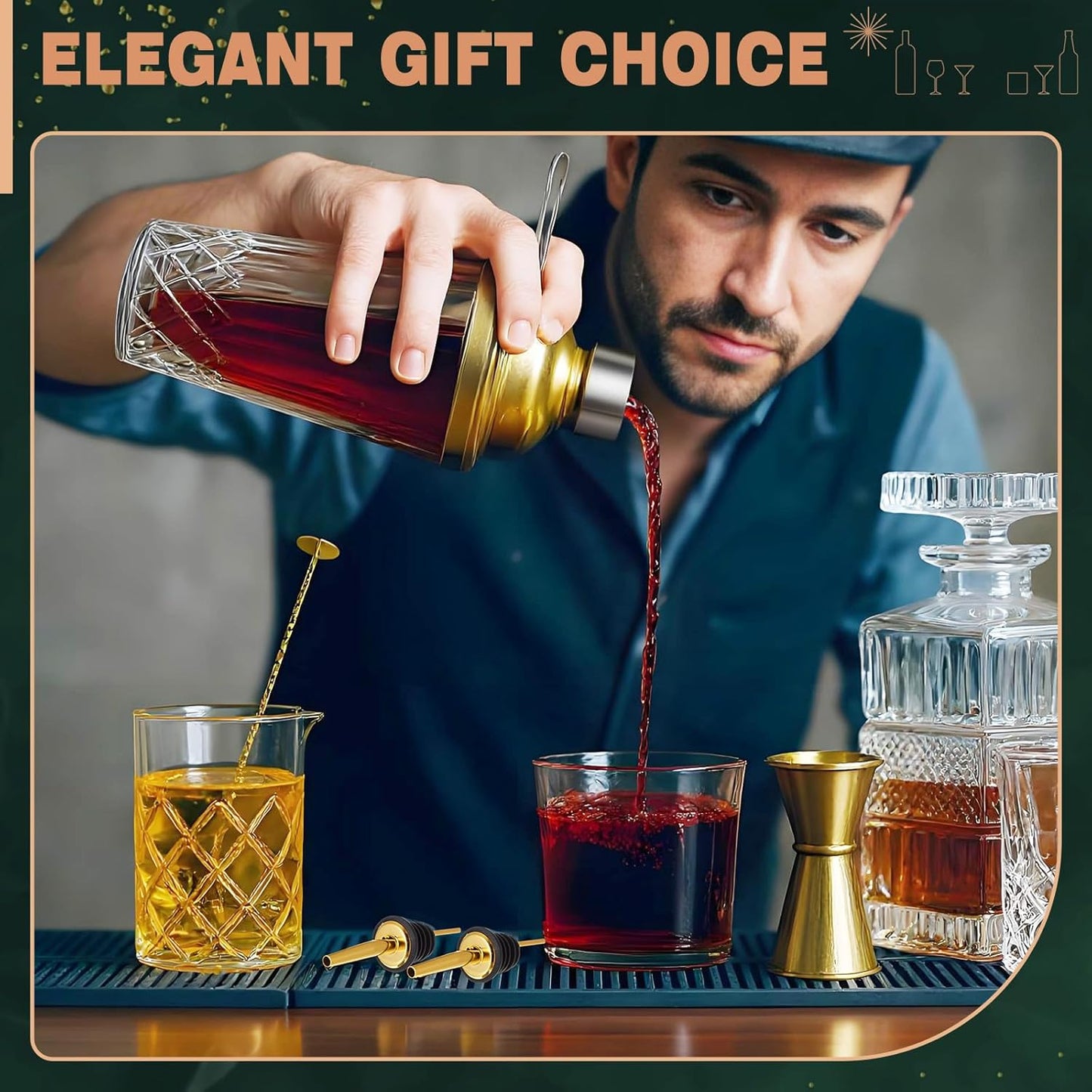 7 Pcs Gold Glass Cocktail Shaker Set Bartender gift set