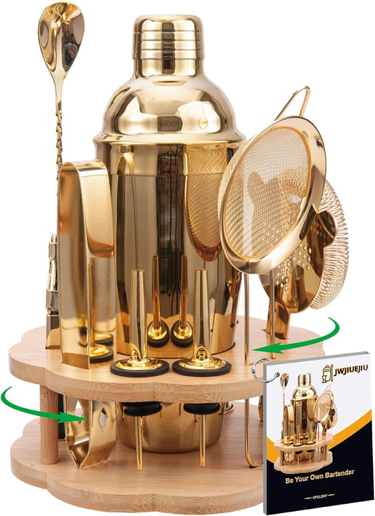 Cocktail Shaker Set Bartender Kit with Rotatble Bamboo Stand,11 Piece Bar Set