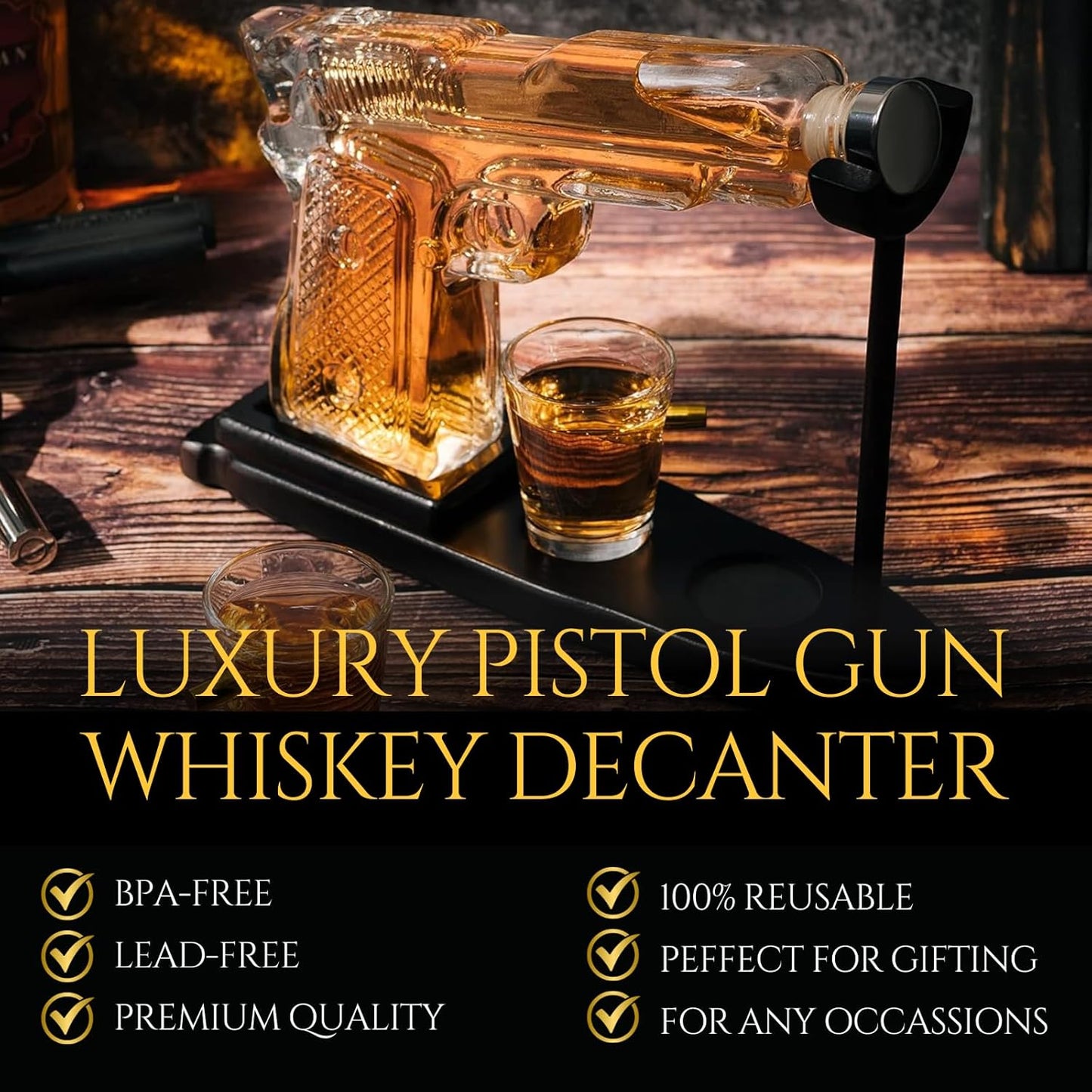 Whiskey Gun Decanter Set – 10.1 oz Rifle-Shaped Decanter + 2 Bullet Shot Glasses