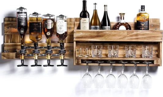 Rustic Wall-Mounted Wine Rack with Glass Holder & 4-Bottle Liquor Dispenser
