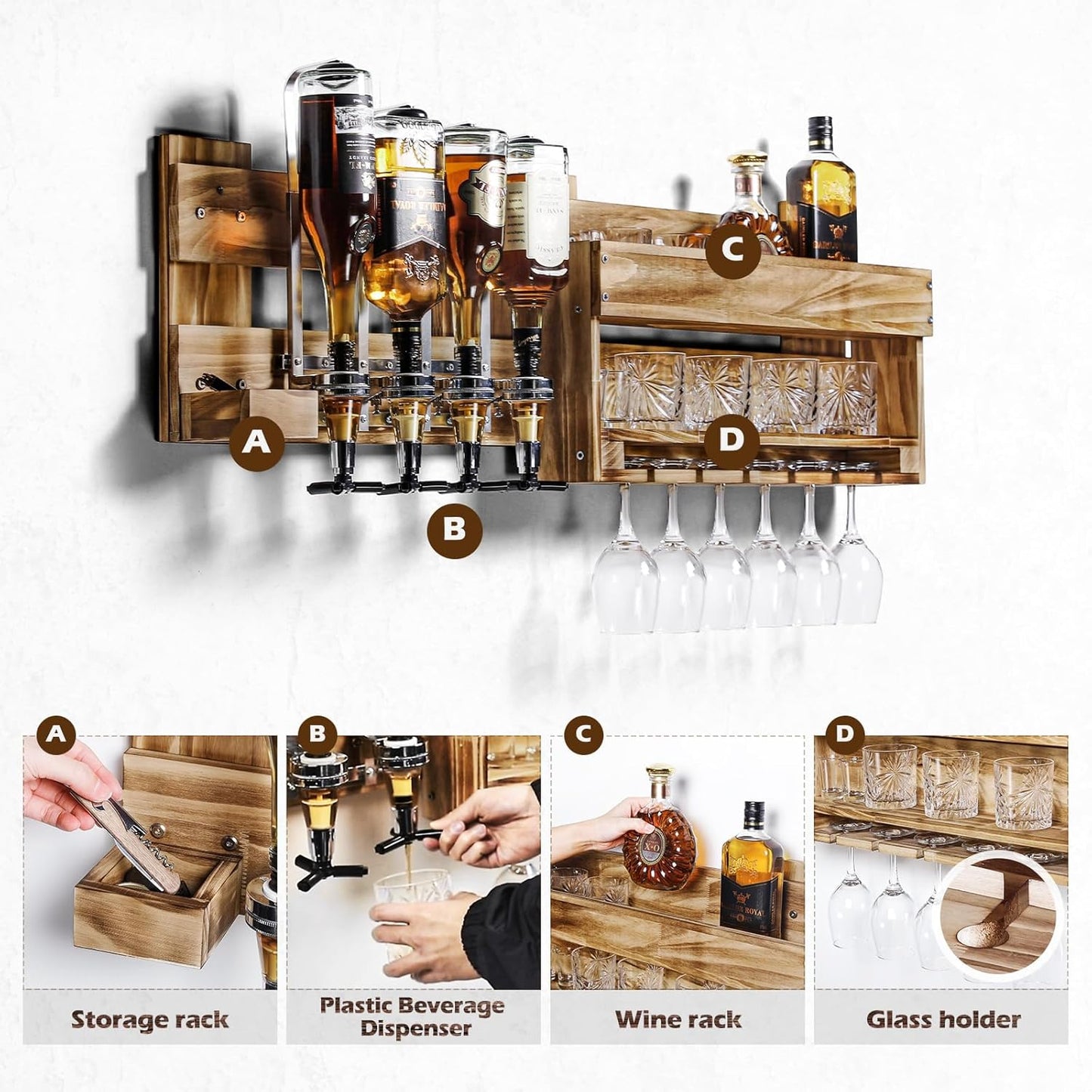 Rustic Wall-Mounted Wine Rack with Glass Holder & 4-Bottle Liquor Dispenser
