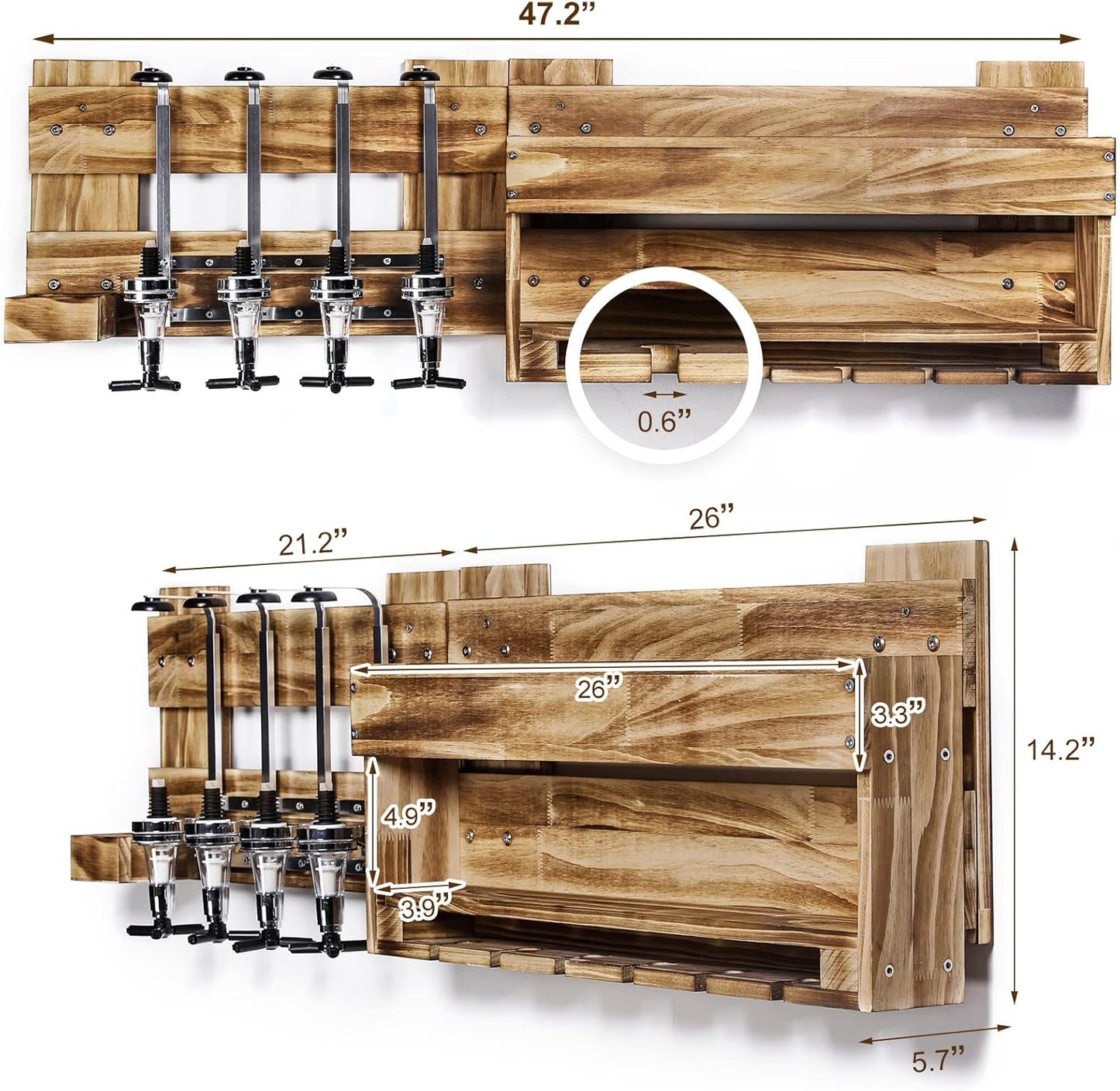Rustic Wall-Mounted Wine Rack with Glass Holder & 4-Bottle Liquor Dispenser