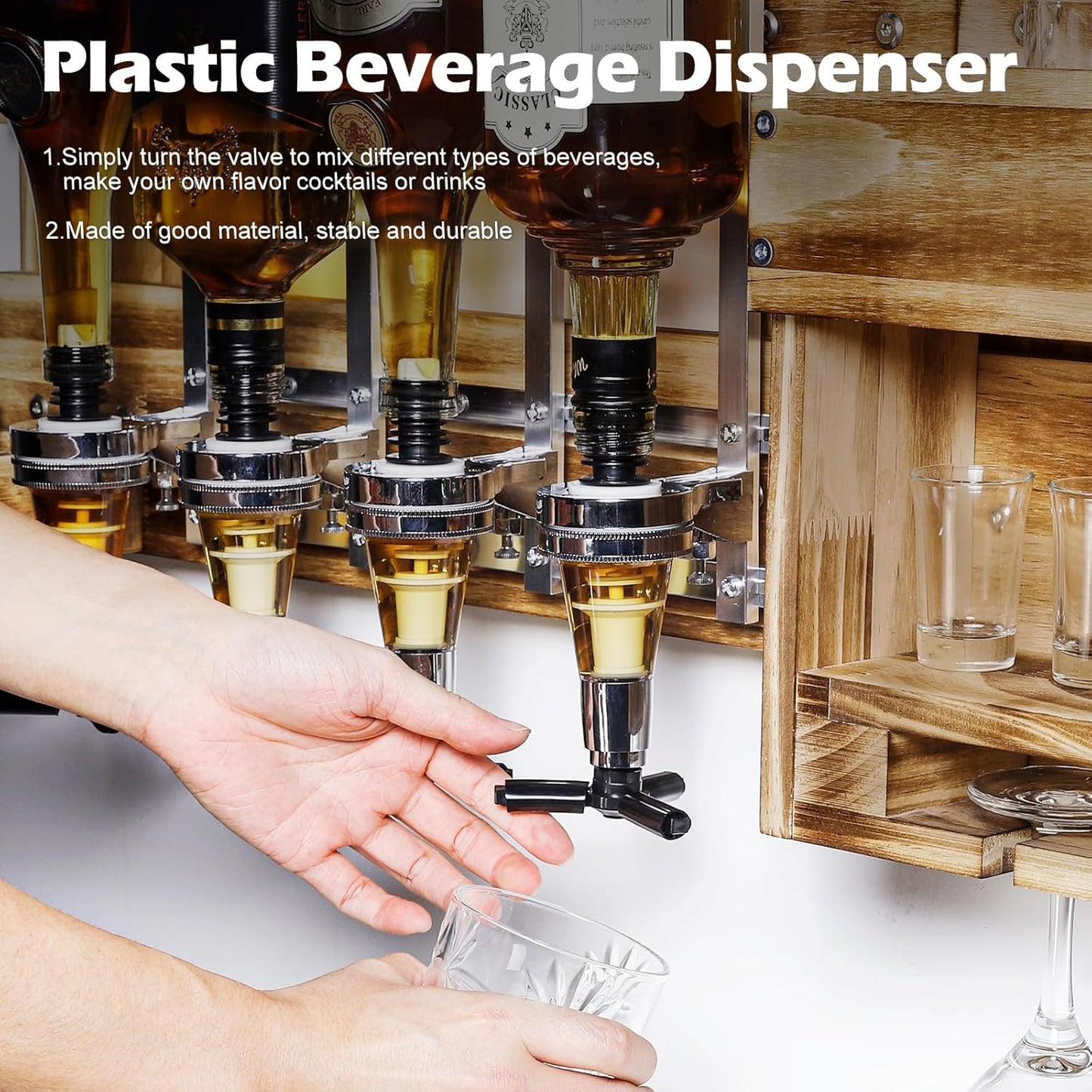 Rustic Wall-Mounted Wine Rack with Glass Holder & 4-Bottle Liquor Dispenser