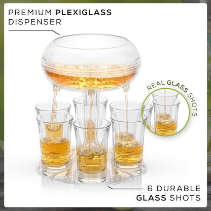 6 Shot Glass Dispenser and Glass Set. 32oz Liquor Dispenser for Home Bar Accessories