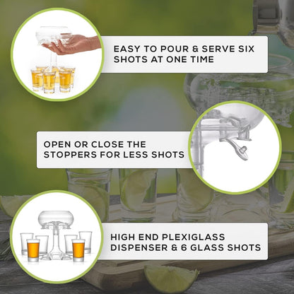 6 Shot Glass Dispenser and Glass Set. 32oz Liquor Dispenser for Home Bar Accessories