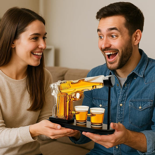 طقم قنينة ويسكي على شكل بندقية - قنينة على شكل بندقية سعة 10.1 أونصة + كوبين صغيرين على شكل رصاصة