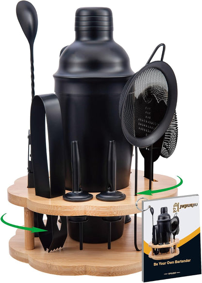 طقم شاكر كوكتيل مع حامل خيزران دوار، طقم بار من 11 قطعة 