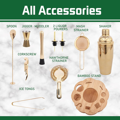 طقم شاكر كوكتيل مع حامل خيزران دوار، طقم بار من 11 قطعة 