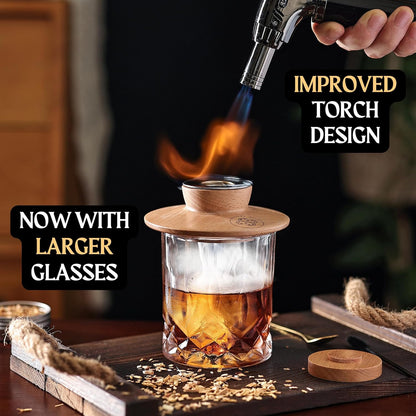 Whiskey Smoker Kit - Cocktail Smoker Kit with Torch, 2 Whiskey Glasses, 2 Ice Ball Makers, 6 Flavors Wood Chips