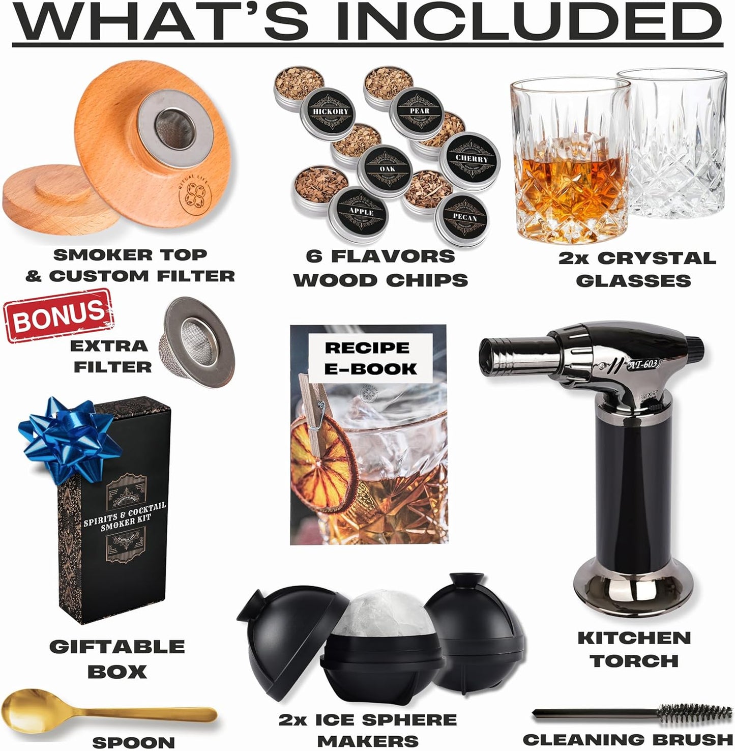 Whiskey Smoker Kit - Cocktail Smoker Kit with Torch, 2 Whiskey Glasses, 2 Ice Ball Makers, 6 Flavors Wood Chips