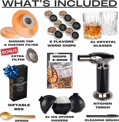 Whiskey Smoker Kit - Cocktail Smoker Kit with Torch, 2 Whiskey Glasses, 2 Ice Ball Makers, 6 Flavors Wood Chips