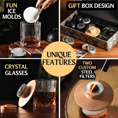 Whiskey Smoker Kit - Cocktail Smoker Kit with Torch, 2 Whiskey Glasses, 2 Ice Ball Makers, 6 Flavors Wood Chips