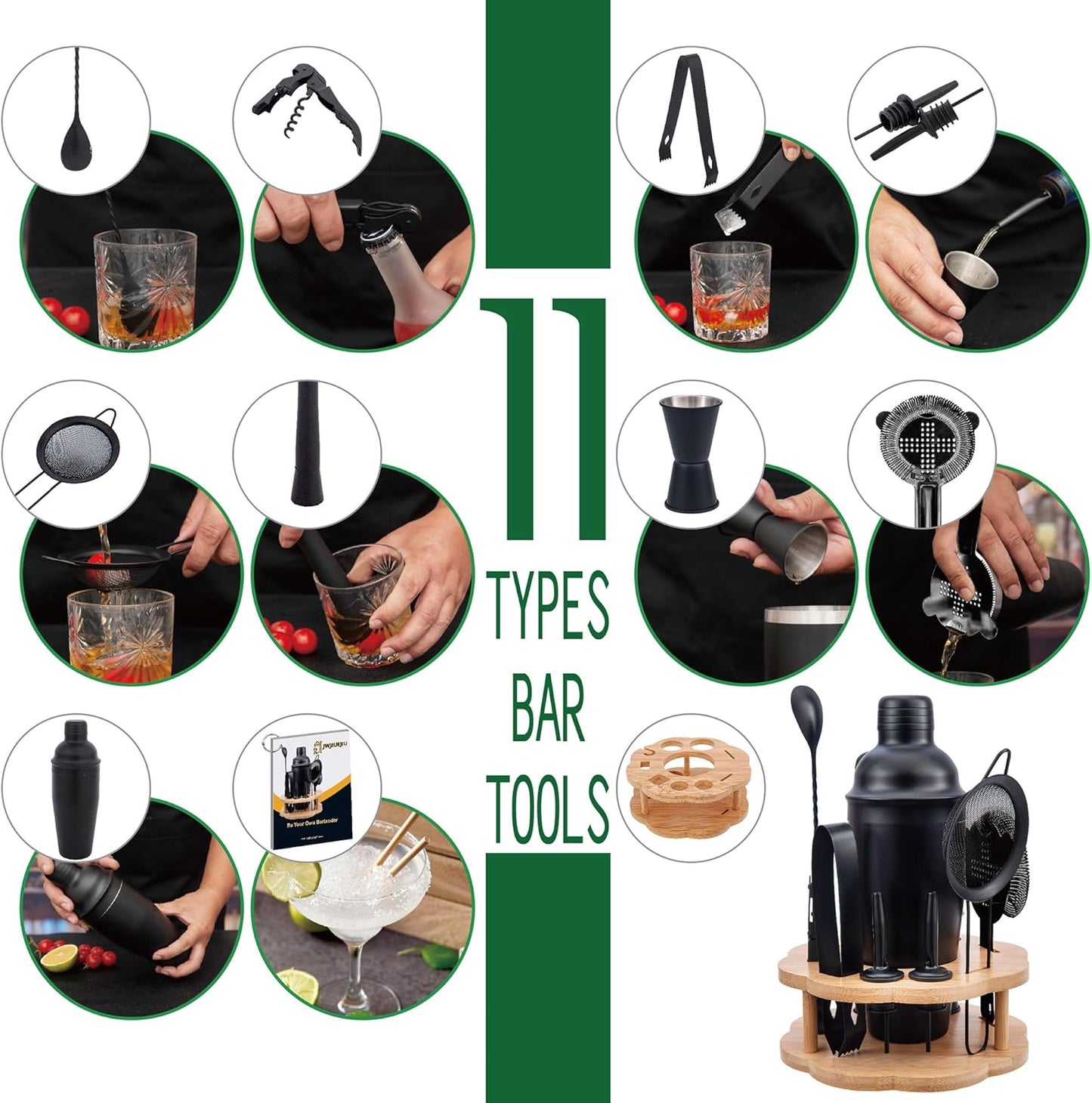 Cocktail Shaker Set Bartender Kit with Rotatble Bamboo Stand,11 Piece Bar Set
