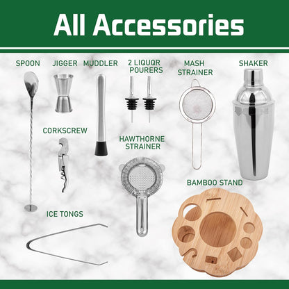 طقم شاكر كوكتيل مع حامل خيزران دوار، طقم بار من 11 قطعة 