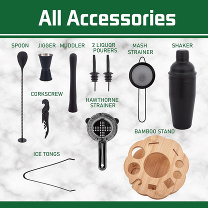 طقم شاكر كوكتيل مع حامل خيزران دوار، طقم بار من 11 قطعة 