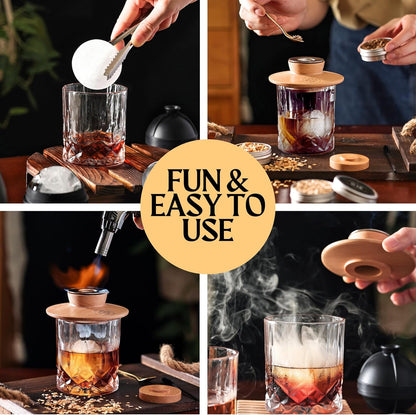 Whiskey Smoker Kit - Cocktail Smoker Kit with Torch, 2 Whiskey Glasses, 2 Ice Ball Makers, 6 Flavors Wood Chips