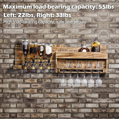 رف نبيذ ريفي مثبت على الحائط مع حامل زجاجي وموزع مشروبات كحولية يتسع لأربع زجاجات