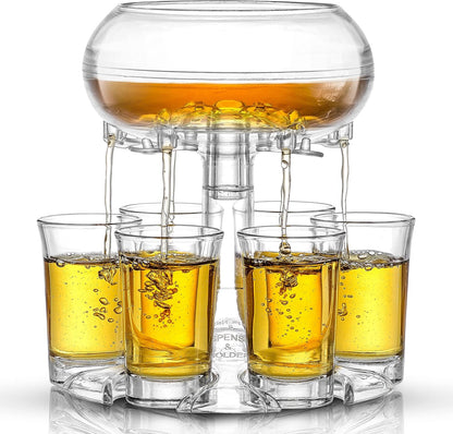 6 Shot Glass Dispenser and Glass Set. 32oz Liquor Dispenser for Home Bar Accessories