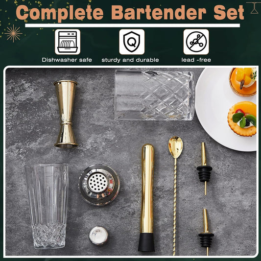 7 Pcs Gold Glass Cocktail Shaker Set Bartender gift set