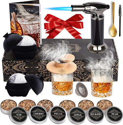 Whiskey Smoker Kit - Cocktail Smoker Kit with Torch, 2 Whiskey Glasses, 2 Ice Ball Makers, 6 Flavors Wood Chips