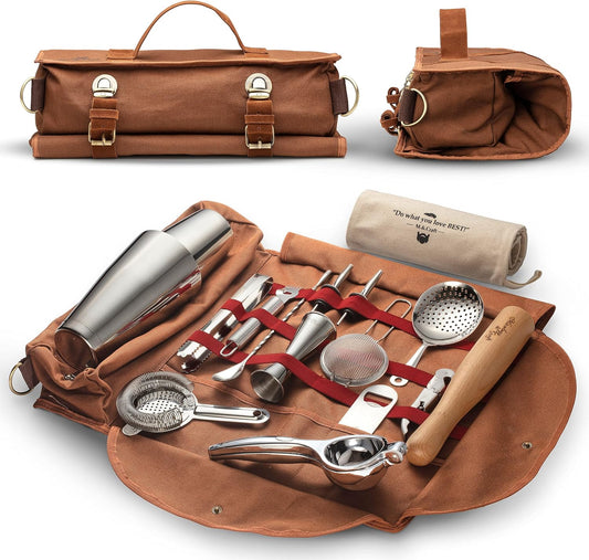 Bartender Kit Bag | Professional 17-Piece Silver Bar Tool Set